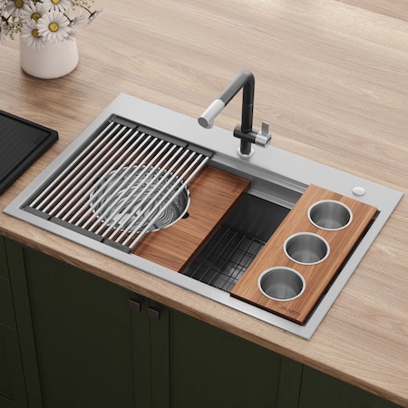 Ruvati 33-inch Workstation Two-Tiered Ledge Kitchen Sink Drop-in Topmount 16 Gauge Stainless Steel RVH8424